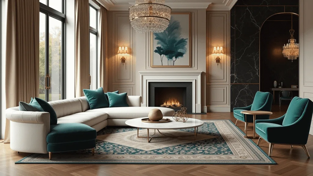 Photorealistic interior of a sophisticated grand living room featuring a cream leather sectional, emerald velvet chairs, and a dramatic black marble fireplace, illuminated by warm golden hour light through floor-to-ceiling windows.