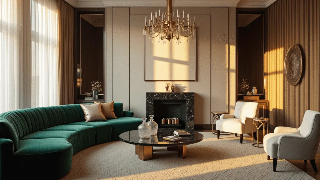 A photorealistic wide-angle shot of an opulent emerald velvet living room during golden hour, featuring a black marble fireplace, sheer silk curtains, a sculptural brass chandelier, and layered textures including jewel-toned silk pillows and a hand-knotted wool rug.