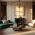 A photorealistic wide-angle shot of an opulent emerald velvet living room during golden hour, featuring a black marble fireplace, sheer silk curtains, a sculptural brass chandelier, and layered textures including jewel-toned silk pillows and a hand-knotted wool rug.