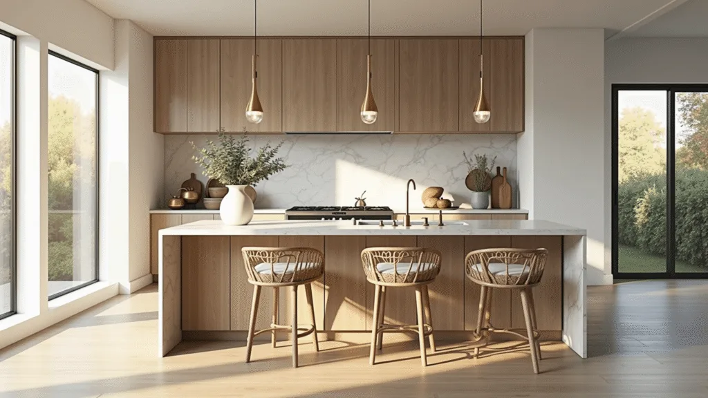A luxurious modern kitchen featuring a greige board and batten island with a Calacatta marble waterfall countertop, brass pendant lights, woven rattan barstools, and a tall ceramic vase with eucalyptus, bathed in warm afternoon sunlight.