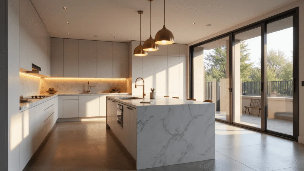 A luxurious modern kitchen featuring a marble island with brushed brass pendant lights, white matte cabinets with warm LED under-cabinet lighting, and Calacatta marble countertops, all illuminated by golden hour light streaming through large windows.