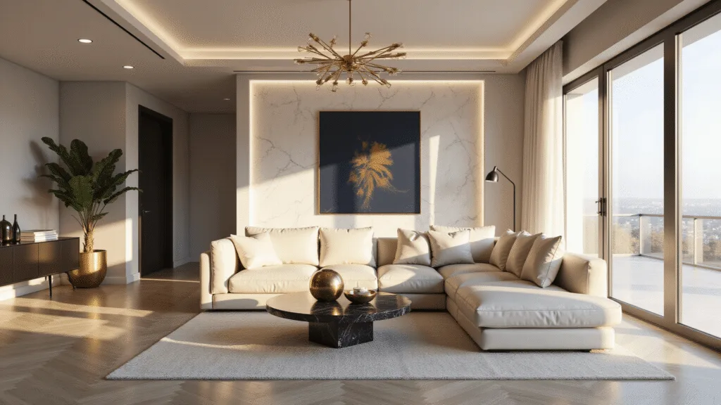 A hyperrealistic architectural photograph of a spacious minimalist living room featuring a cream leather sectional sofa, white marble accent wall, geometric brass chandelier, sculptural black marble coffee table, and large-scale abstract art, illuminated by golden hour sunlight through floor-to-ceiling windows.