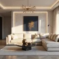 A hyperrealistic architectural photograph of a spacious minimalist living room featuring a cream leather sectional sofa, white marble accent wall, geometric brass chandelier, sculptural black marble coffee table, and large-scale abstract art, illuminated by golden hour sunlight through floor-to-ceiling windows.