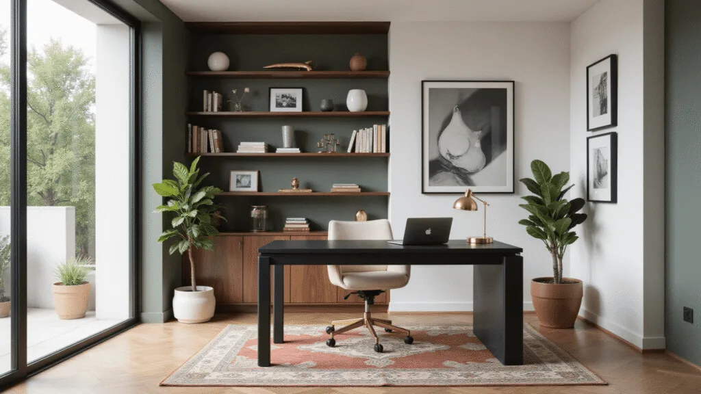 Photorealistic interior of a modern luxe home office featuring a matte black desk, ergonomic cream leather chair, walnut bookshelves, and brass accents, illuminated by soft morning light through floor-to-ceiling windows, with a fiddle leaf fig plant and a Persian rug, presented in a bright and aspirational mood.