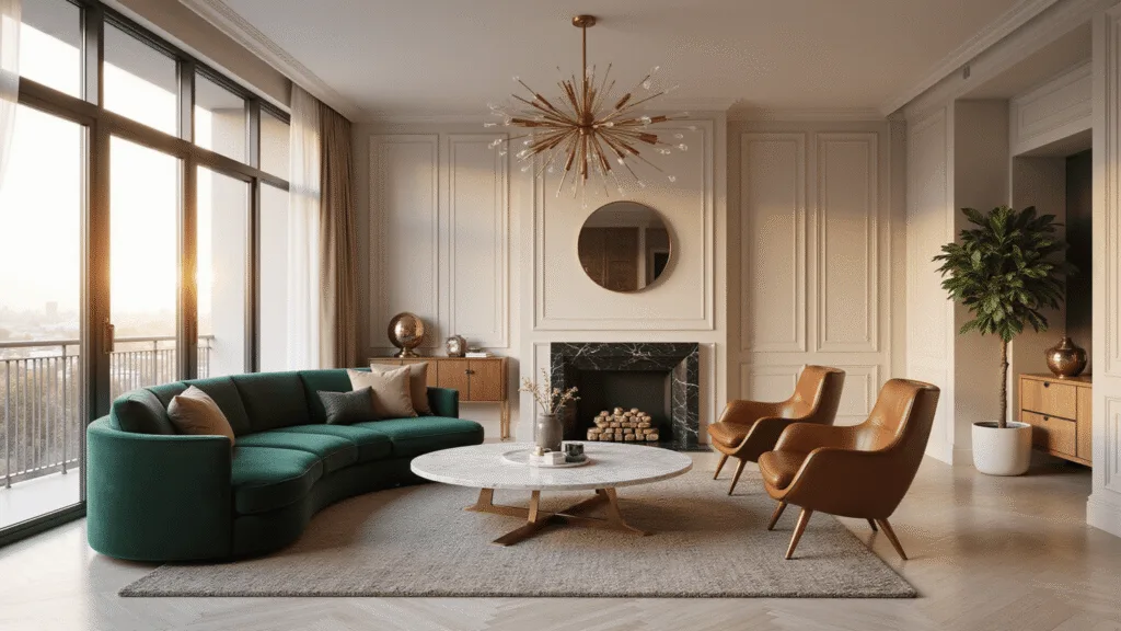 Photorealistic image of a modern luxury penthouse living room bathed in golden hour sunlight, featuring a curved emerald velvet sofa, cognac leather Barcelona chairs, and a fluted wall panel design, with layered silk curtains and a dramatic chandelier overhead.