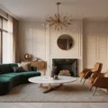 Photorealistic image of a modern luxury penthouse living room bathed in golden hour sunlight, featuring a curved emerald velvet sofa, cognac leather Barcelona chairs, and a fluted wall panel design, with layered silk curtains and a dramatic chandelier overhead.