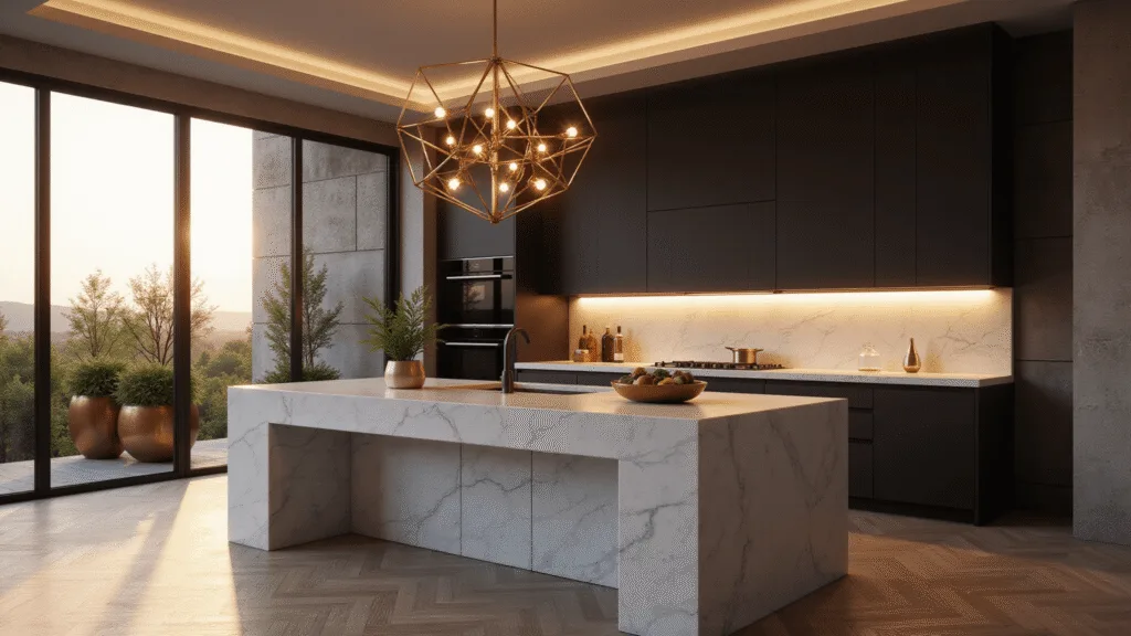 A luxurious contemporary kitchen featuring a marble waterfall island, matte black cabinets, geometric brass pendants, and smart-tinted windows, illuminated by layered lighting at golden hour, with polished herringbone flooring and modern appliances.