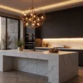 A luxurious contemporary kitchen featuring a marble waterfall island, matte black cabinets, geometric brass pendants, and smart-tinted windows, illuminated by layered lighting at golden hour, with polished herringbone flooring and modern appliances.