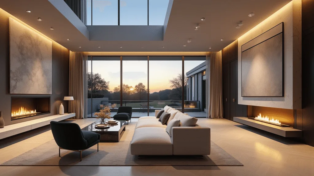 Hyperrealistic image of a spacious modern living room at twilight featuring floor-to-ceiling windows, a cloud-white bouclé sectional, emerald velvet armchairs, and a veined marble fireplace, all illuminated by various lighting sources, showcasing luxury design elements and a dramatic sunset backdrop.