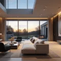 Hyperrealistic image of a spacious modern living room at twilight featuring floor-to-ceiling windows, a cloud-white bouclé sectional, emerald velvet armchairs, and a veined marble fireplace, all illuminated by various lighting sources, showcasing luxury design elements and a dramatic sunset backdrop.