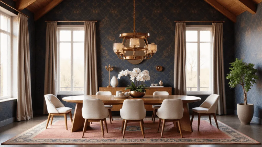 A luxurious modern dining room featuring an oval oak table with cream bouclé chairs, set against geometric navy and gold wallpaper, accented by a muted coral Persian rug and a warm brass chandelier, all illuminated by golden hour light filtering through large windows with layered curtains.