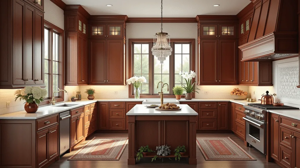 A photorealistic image of a spacious traditional kitchen featuring red oak cabinets, polished Carrara marble countertops, and antique brass hardware, illuminated by natural morning light from tall windows. Copper cookware hangs above, with fresh herbs in terracotta pots and a vintage Persian runner on the floor. A crystal chandelier and coffered ceiling add elegance, complemented by professional-grade stainless steel appliances, while white hydrangeas in a copper vase and artisanal bread on a board enhance the warm, inviting atmosphere.