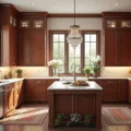 A photorealistic image of a spacious traditional kitchen featuring red oak cabinets, polished Carrara marble countertops, and antique brass hardware, illuminated by natural morning light from tall windows. Copper cookware hangs above, with fresh herbs in terracotta pots and a vintage Persian runner on the floor. A crystal chandelier and coffered ceiling add elegance, complemented by professional-grade stainless steel appliances, while white hydrangeas in a copper vase and artisanal bread on a board enhance the warm, inviting atmosphere.