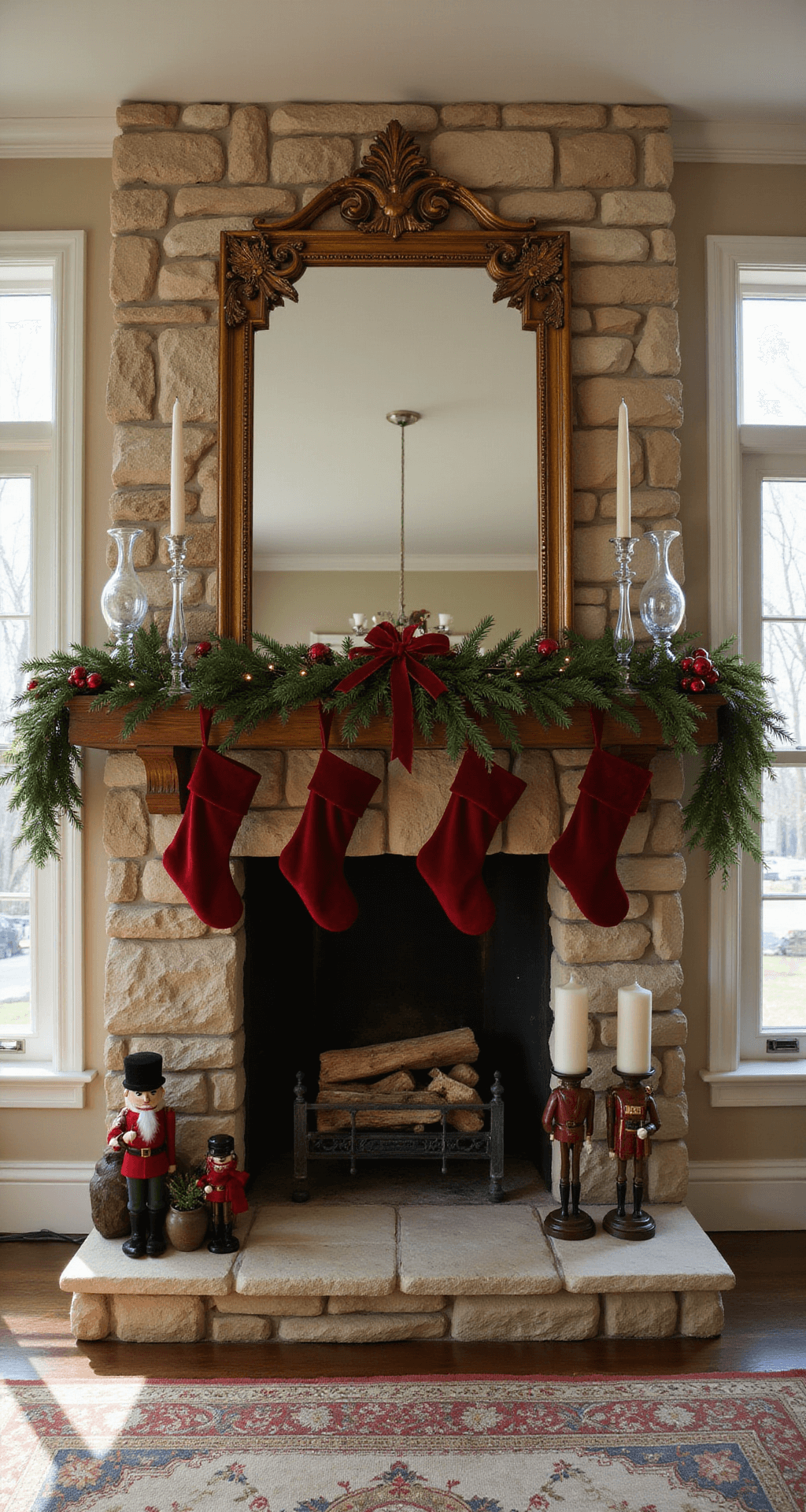 A classic holiday hearth featuring a 14-foot stone fireplace in a warm living room, decorated with thick pine garland, red velvet ribbons, and golden lights on a weathered oak mantle. Deep crimson velvet stockings hang symmetrically, surrounded by vintage mercury glass candlesticks and an antiqued gold mirror reflecting the cozy ambiance.