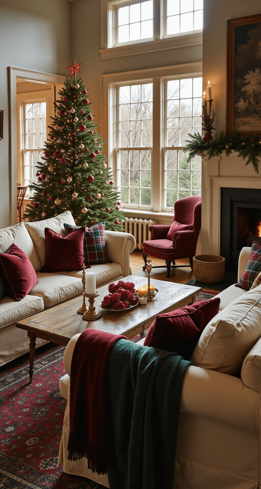 A warm and inviting living room decorated for Christmas, featuring a 9ft noble fir adorned with vintage ornaments, cream slip-covered sofas with tartan throws, and an antique oak coffee table with brass candlesticks, all illuminated by golden hour light streaming through large windows.
