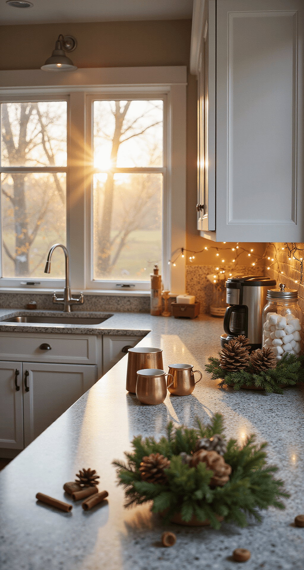 A bright kitchen with white shaker cabinets illuminated by golden hour sunlight, showcasing a vintage hot cocoa station with copper mugs and glass canisters, under warm fairy lights, with a blurred foreground of pine cones and cinnamon sticks.