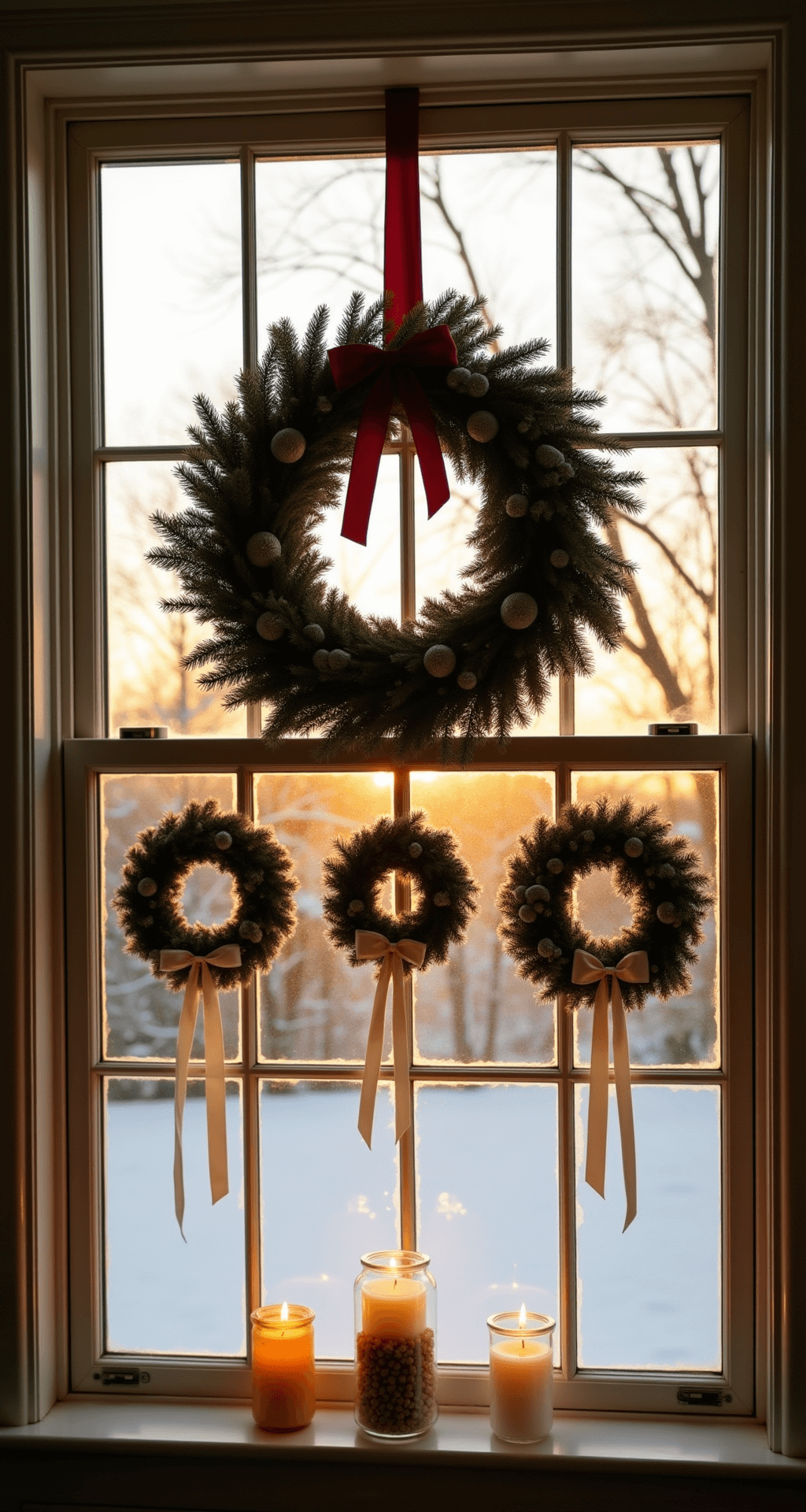 A grand bay window at golden hour, featuring a large natural pine wreath with burgundy ribbon and silver-dusted pinecones, flanked by three mini wreaths on cream silk ribbons, with mercury glass votives on the windowsill casting shadows, all illuminated by warm sunset light filtering through branches.