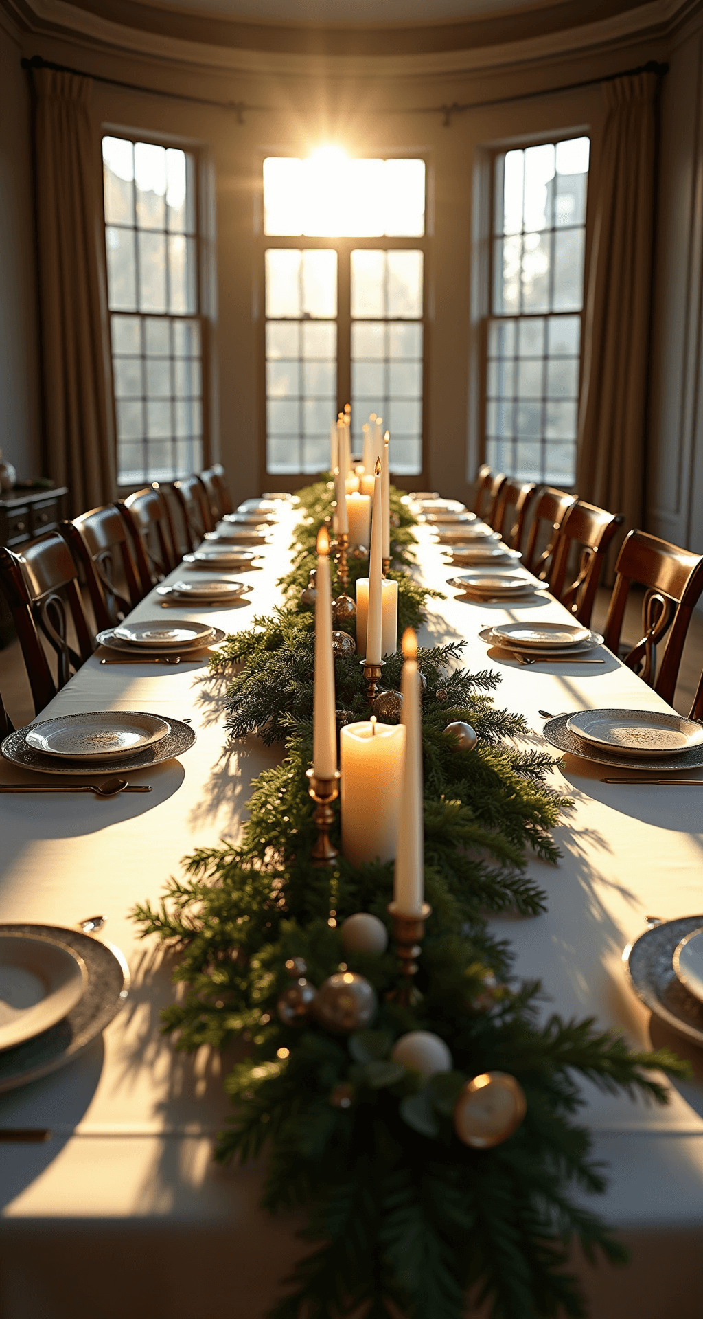 A grand 14-foot dining room with a dramatic Christmas tablescape, featuring a dark mahogany table dressed in white linens, adorned with a lush runner of noble fir and cedar branches, dotted with eucalyptus and white taper candles in brass holders, under late afternoon golden light streaming through tall windows.