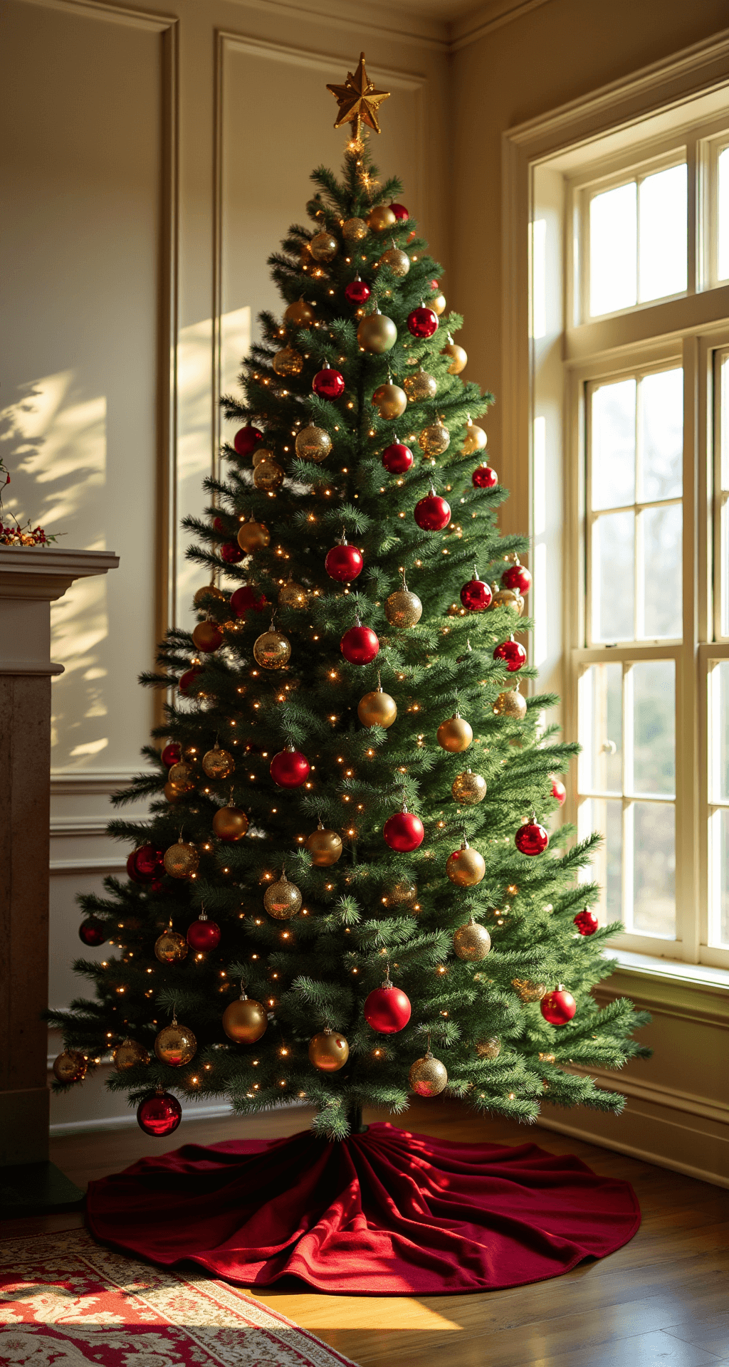 A low-angle view of a grand 12-foot traditional Christmas tree in a living room corner, adorned with vintage Shiny Brite ornaments in red, green, and gold, illuminated by warm white lights. Sunlight streams through nearby windows, highlighting glass ornaments against cream-colored walls with colonial molding. A deep burgundy velvet tree skirt elegantly pools at the base, captured during golden hour with ambient shadows.