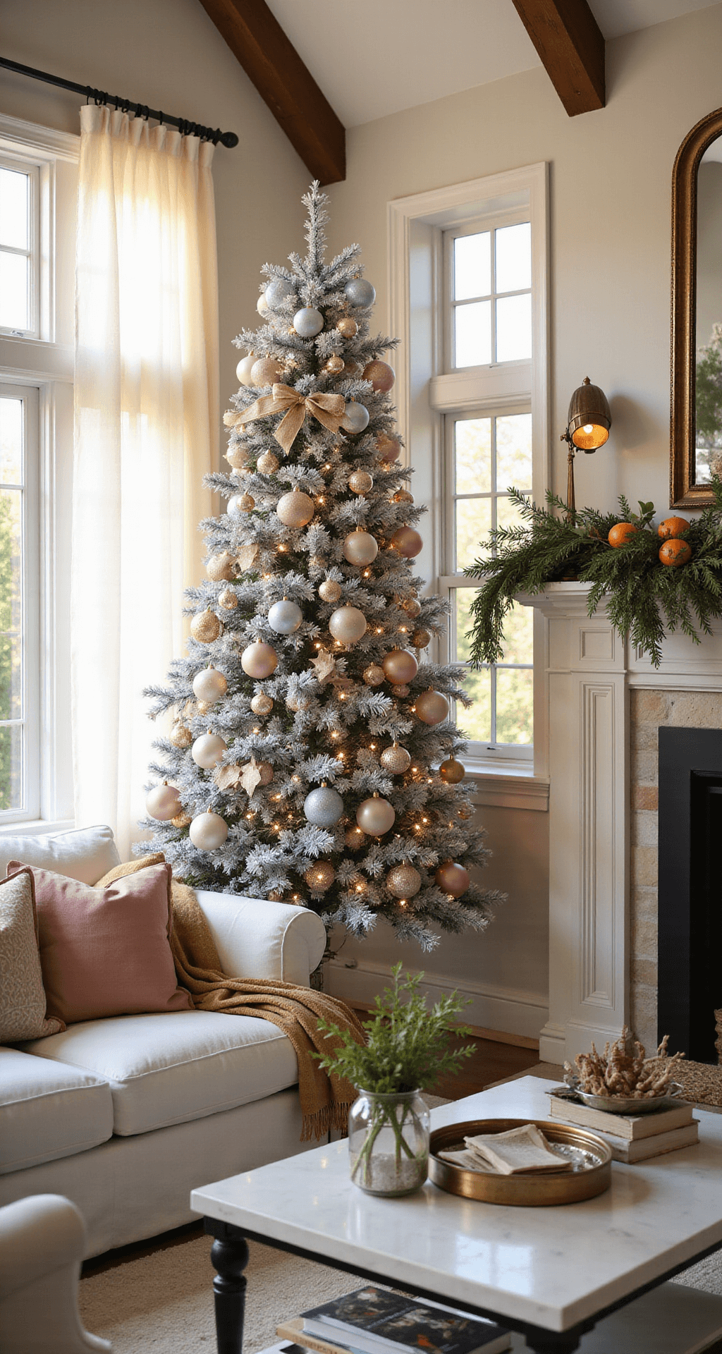 A cozy modern farmhouse living room featuring a 9ft flocked Christmas tree adorned with pastel pink and icy blue ornaments, bathed in golden hour sunlight filtering through sheer curtains. The space boasts 12ft vaulted ceilings with exposed beams, a white slip-covered sofa with blush pillows, and a vintage brass floor lamp. The mantlepiece is elegantly decorated with an asymmetrical garland of eucalyptus and dried oranges. The image captures depth with an atmospheric bokeh effect, taken from a corner angle.
