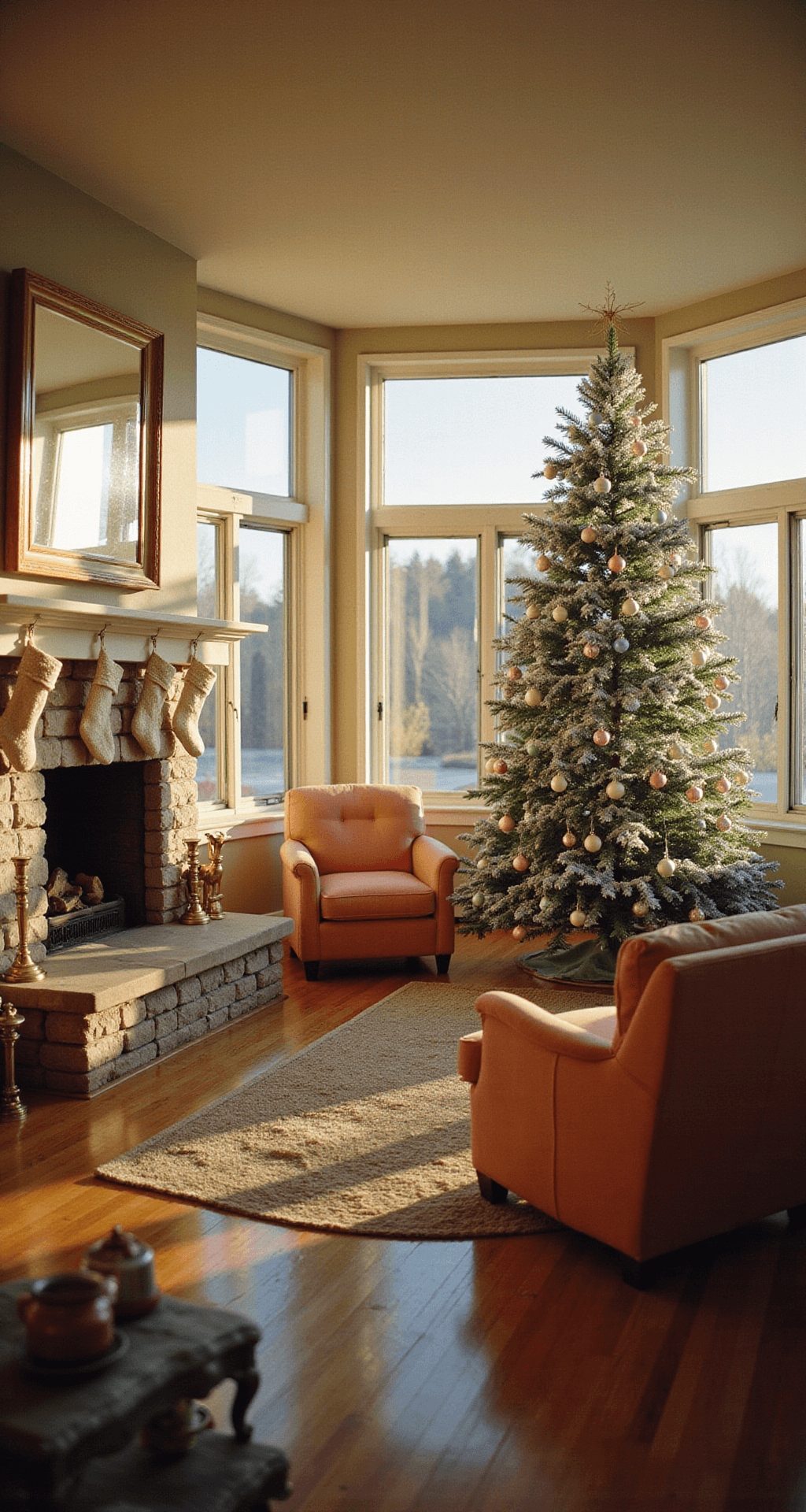 A 1950s living room with warm golden hour light, featuring a flocked aluminum Christmas tree adorned with pastel ornaments, Danish modern furniture, and a stone fireplace decorated with hand-knit stockings, viewed from a low angle to capture the tree's reflection in the window and enhance the ceiling height.