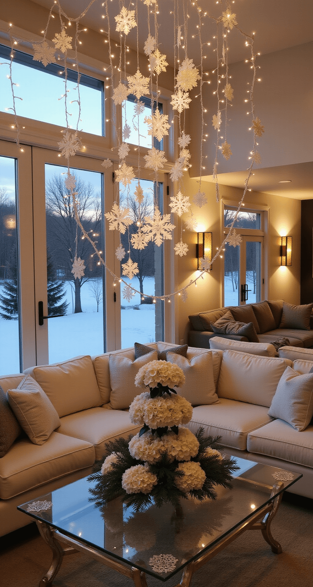 A cozy living room with high ceilings, featuring cascading paper snowflakes, warm fairy lights, white linen sofas, and a crystal coffee table adorned with hydrangeas, captured at dusk with a soft bokeh effect.