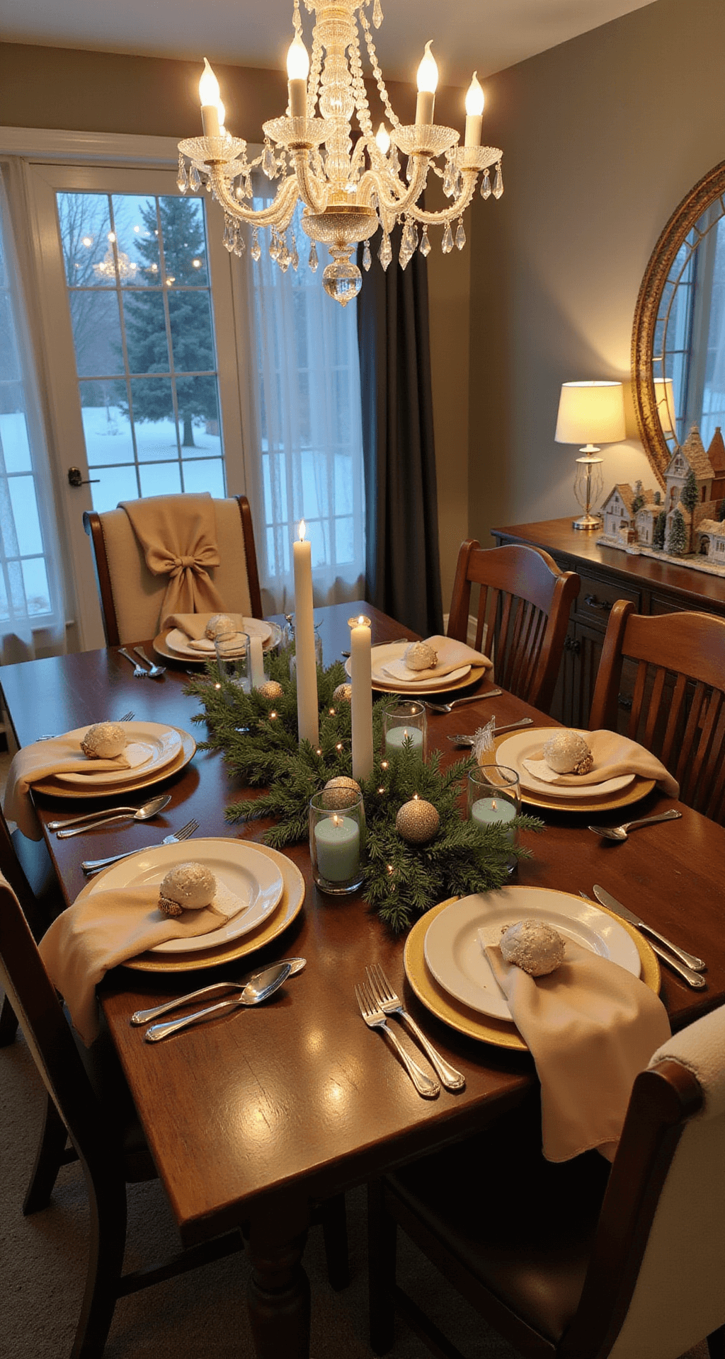 Intimate dining room at dusk featuring a farmhouse table set with gold chargers, matte white plates, and handmade shell ornaments. Oversized champagne silk bows adorn the chairs, while a garland runner with fairy lights and taper candles enhances the ambiance. A vintage Christmas village display on the sideboard is softly illuminated.