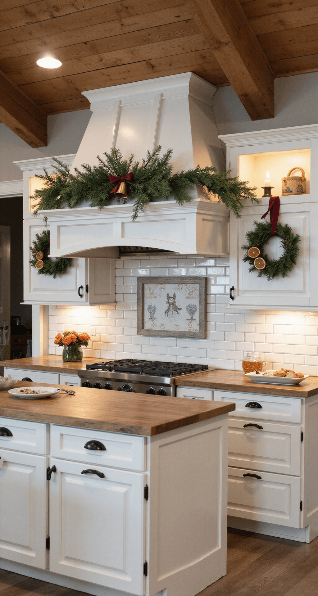 Wide-angle view of a cozy farmhouse kitchen at dusk with exposed wooden beams, featuring a white hood vent draped with natural cedar garland, copper bells, and burgundy ribbons. Handmade mini wreaths adorn cabinet doors, and warm under-cabinet lighting enhances the intimate atmosphere against cream cabinetry with matte black hardware.