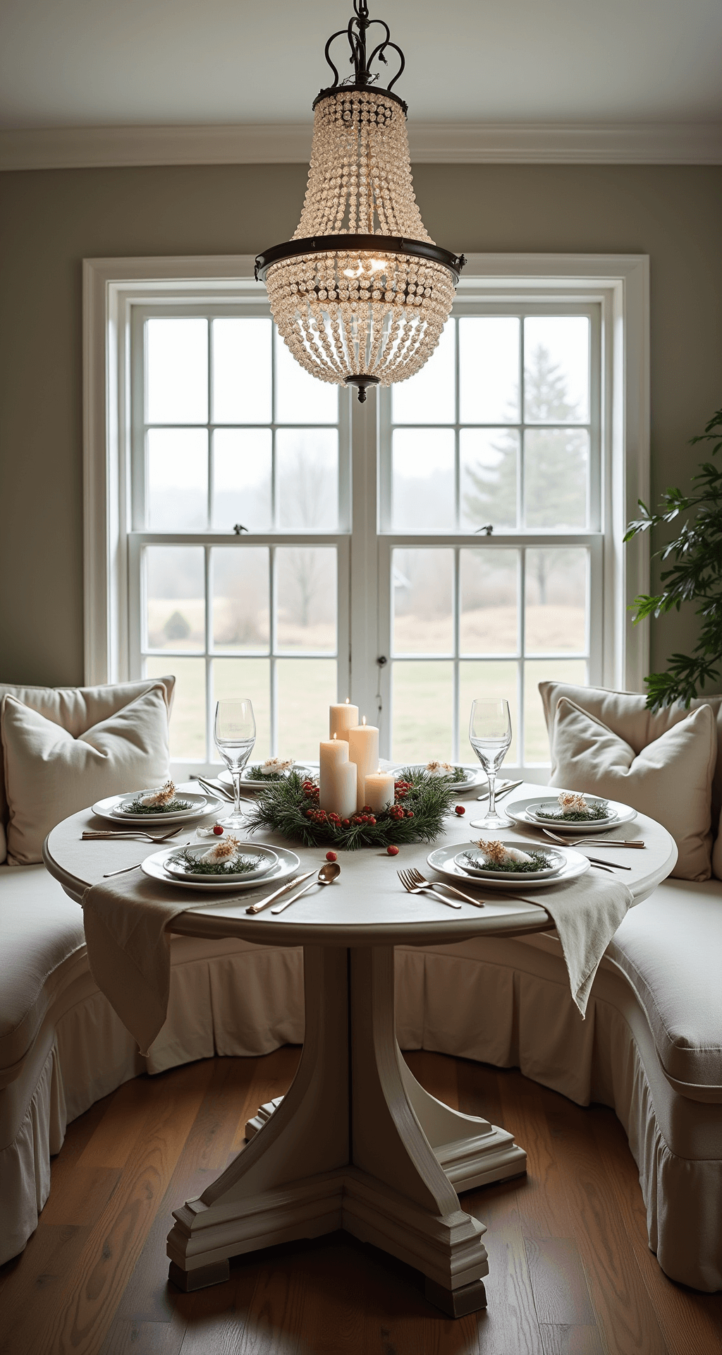 A cozy breakfast nook transformed for Christmas dinner, featuring a round pedestal table with natural linen decor, nestled under a vintage crystal chandelier. The setting includes clustered mercury glass votives, fresh pine clippings, scattered cranberries, white ceramic plates with greenery circles, and handwritten calligraphy name cards, all captured in soft dawn light from a 45-degree angle.