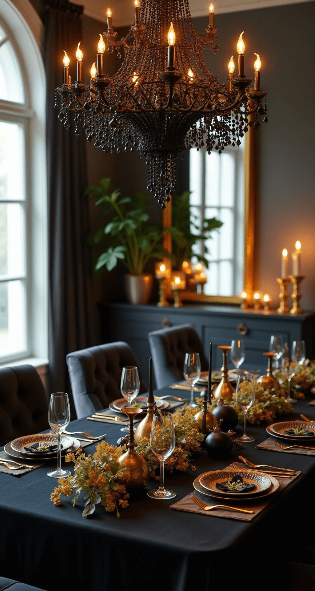 A dimly lit dining room at golden hour features a 12ft table covered with a black velvet tablecloth, adorned with gold mercury glass candle holders, black matte ornaments, and a gold-leafed eucalyptus garland, under a dramatic black crystal chandelier. Vintage gold-framed mirrors reflect warm candlelight, captured at eye level with shallow depth of field focusing on table details.