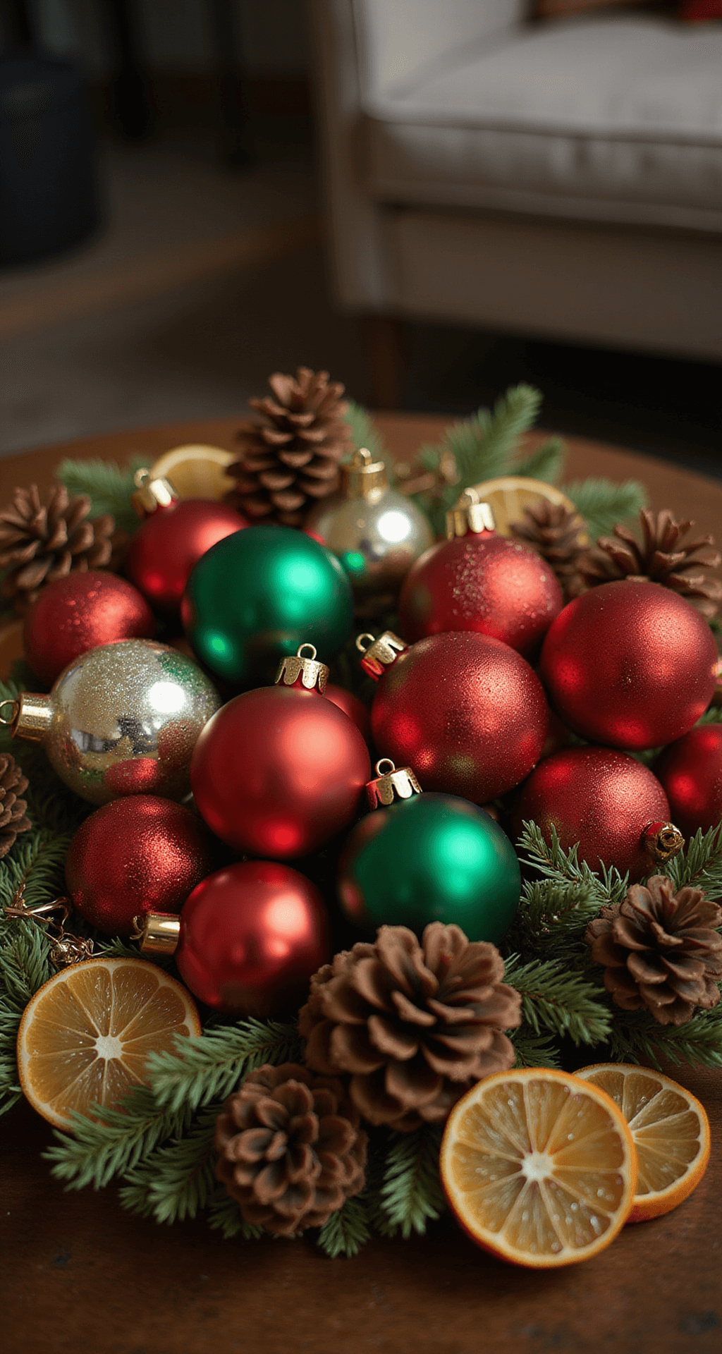 Intimate mid-century modern living space featuring a detailed arrangement of matte and glossy red and emerald green ornaments, vintage glass pieces, gilded pinecones, and dried orange slices, captured at eye level with soft box lighting for a warm evening ambiance and subtle sparkle.
