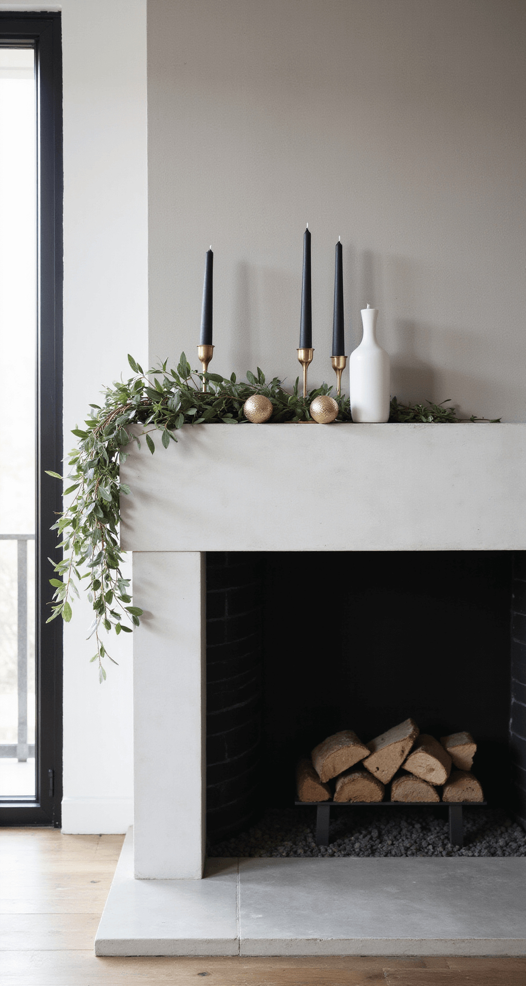 A modern minimalist fireplace featuring a sleek white marble surround and a floating concrete mantle, illuminated by early morning light from floor-to-ceiling windows. An asymmetrical olive branch garland drapes over the mantle, accented with geometric brass ornaments and white ceramic vessels. Thin brass candlesticks with tapered black candles of varying heights add contrast, while dramatic shadows highlight the textures of the materials in a contemporary loft space.