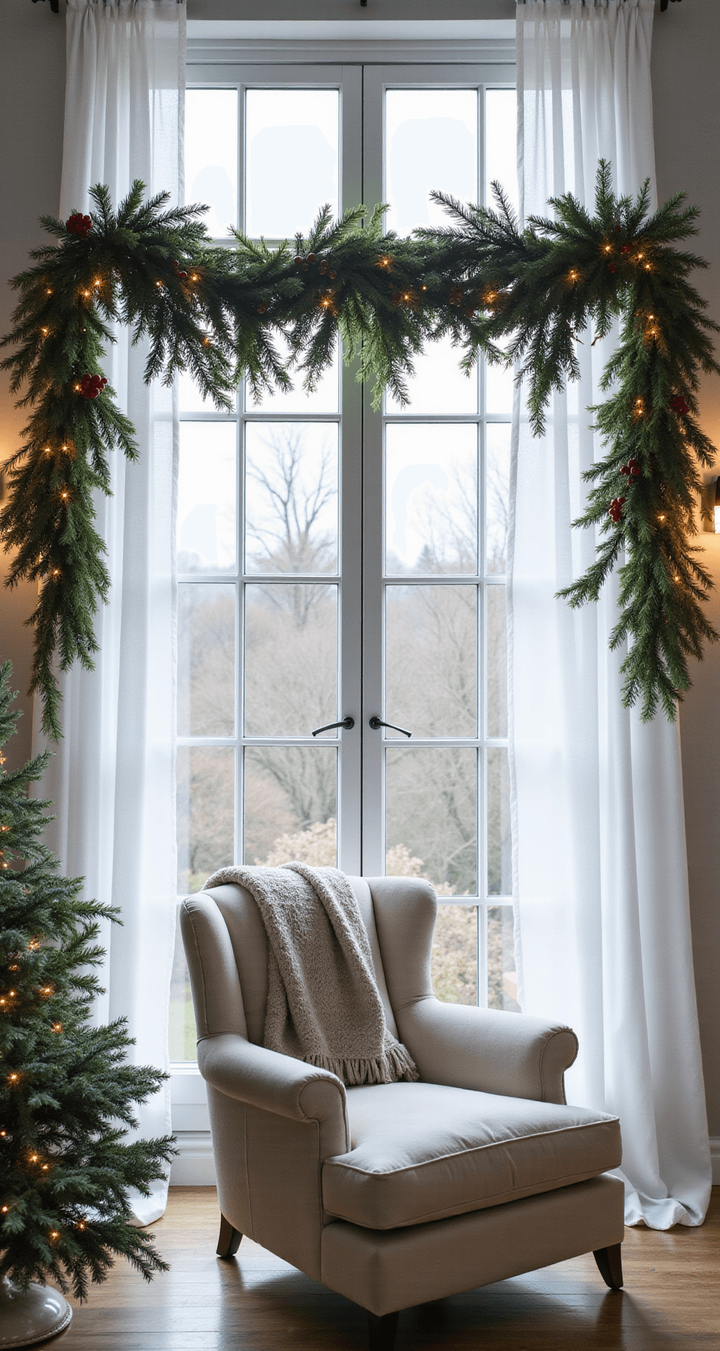 A serene Nordic-inspired holiday scene featuring floor-to-ceiling modern windows illuminated by dusk light. Asymmetrical pine and cedar garland adorned with red berries and twinkle lights drapes across the top frame, with soft white sheers filtering the light. An oversized cream armchair, angled at 30 degrees and layered with a faux fur throw, invites relaxation in a palette of whites, greys, and natural greens.