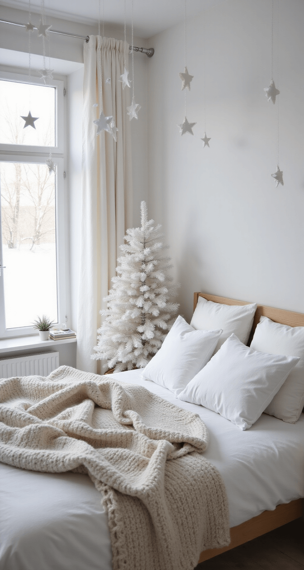 A minimalist Scandinavian-inspired bedroom at dawn, featuring a king-sized bed with white linens and chunky ivory throws, surrounded by a flocked white Christmas tree with clear glass baubles and LED lights, and geometric paper stars suspended from the ceiling, all captured in soft, diffused morning light.