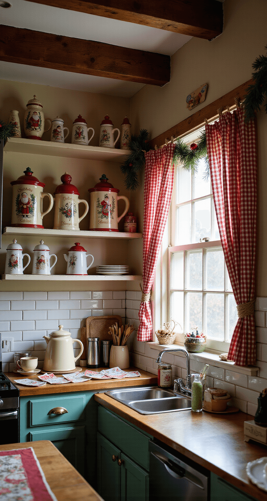 Intimate cottage kitchen at dawn with exposed wooden beams, subway tile backsplash, vintage ceramic Christmas cookie jars on open shelves, and 1940s hand-painted Santa mugs at a charming coffee station. Red and white gingham curtains frame frosted windows, displaying vintage Christmas cards. Captured from counter height in natural morning light with soft practical lighting.