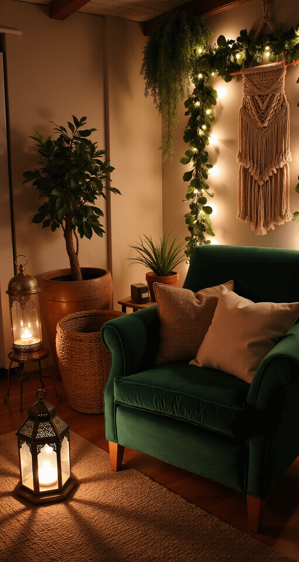 Cozy den at dusk with warm lighting, featuring bohemian holiday decor, vintage brass ornaments, Moroccan lanterns, emerald velvet armchair, mud cloth pillows, macramé wall hanging with eucalyptus garland and fairy lights, layered kilim and jute rugs, and rich jewel tones against earth tones.