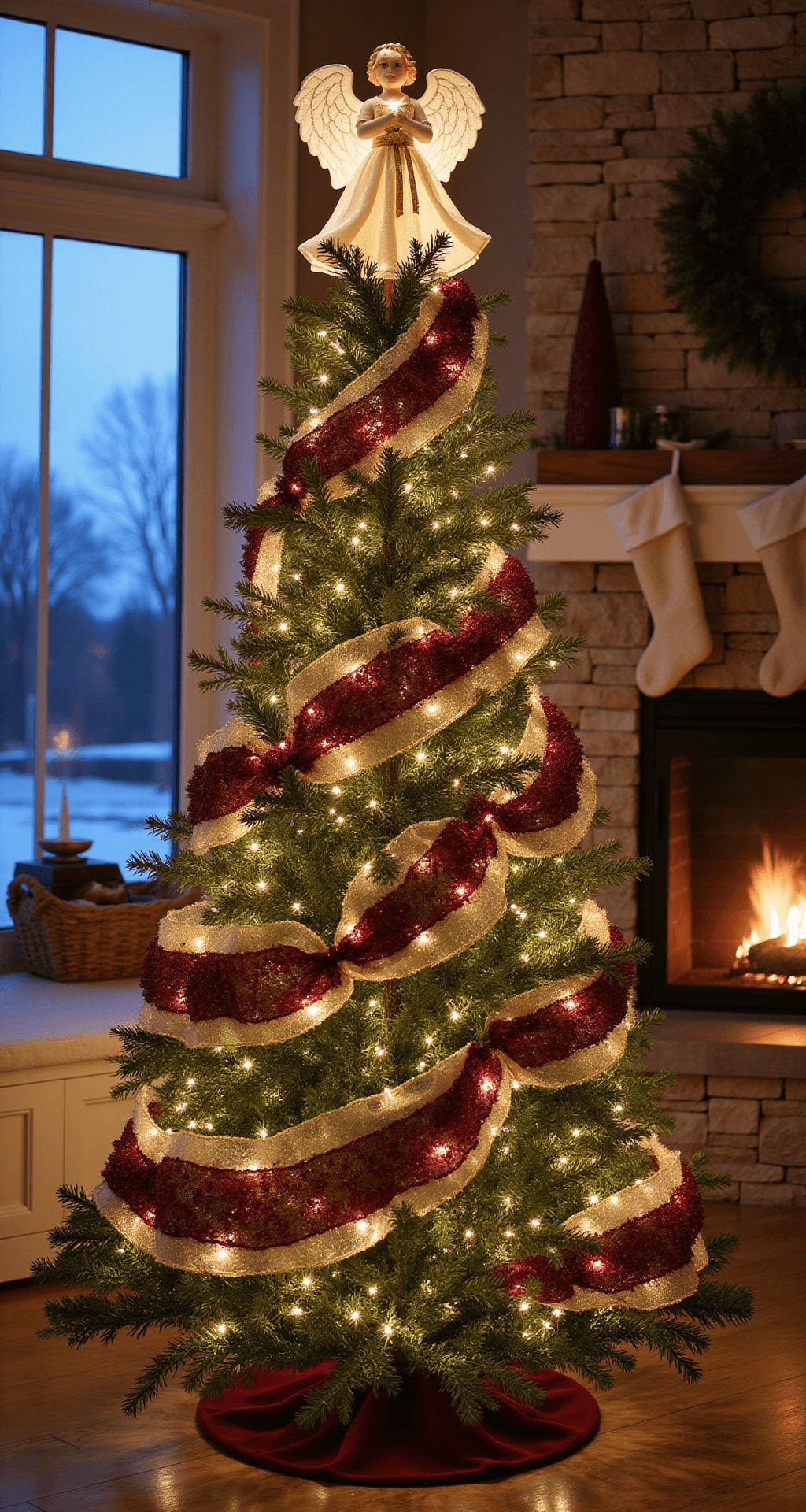 A beautifully decorated 9-foot Fraser fir in a corner, featuring layered burgundy and gold ribbons cascading down, illuminated by warm LED lights. An ivory silk and gold-trimmed angel topper crowns the tree, while a stone fireplace with hanging stockings glows softly in the blue hour, enhanced by firelight.