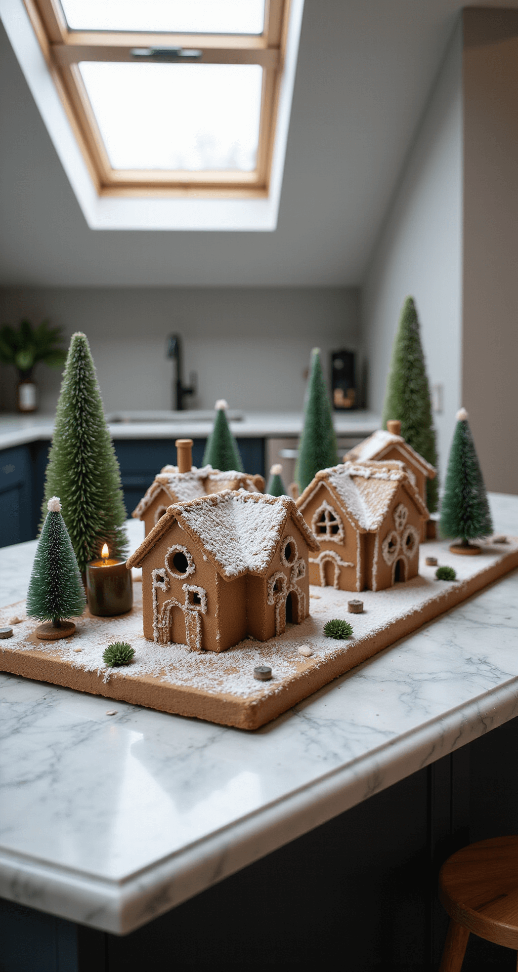 Aerial view of a kitchen island with a gingerbread village display, featuring intricately decorated cottages, bottle brush trees, and LED tea lights, all on a marble countertop, illuminated by soft natural morning light.