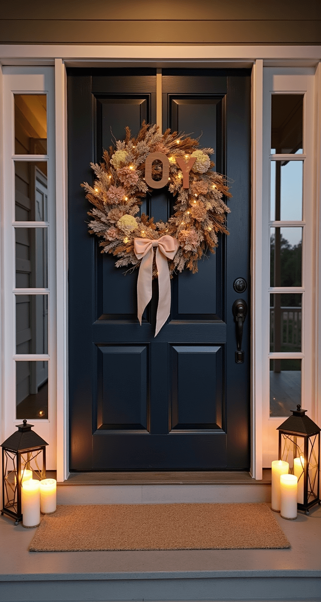 An elegant 12-foot entryway at twilight featuring a curved staircase, a large rustic grapevine wreath adorned with LED micro lights and blush ribbons on a dark navy door, a wooden 'JOY' marquee sign illuminated with warm white lights, matching lanterns with flameless candles on either side, and a natural sisal runner with metallic threading, all captured from the exterior to emphasize vertical height with key light accentuating the wreath details.