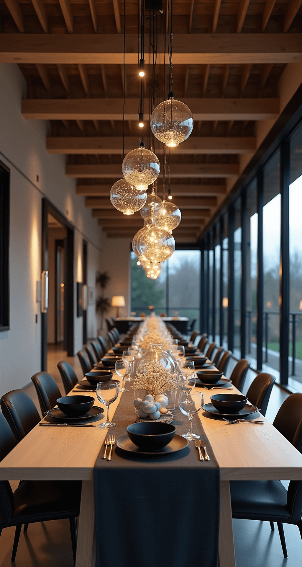 A modern open-concept dining area with 20-foot ceilings, exposed beams, and dusk lighting, featuring a minimalist white oak table draped in a charcoal linen runner. A centerpiece of floating glass orbs filled with LED lights and silver ornaments hangs at varying heights. Matte black dinnerware contrasts with metallic accents, all captured at eye level to highlight reflections and depth, enhanced by warm uplighting on the beams.
