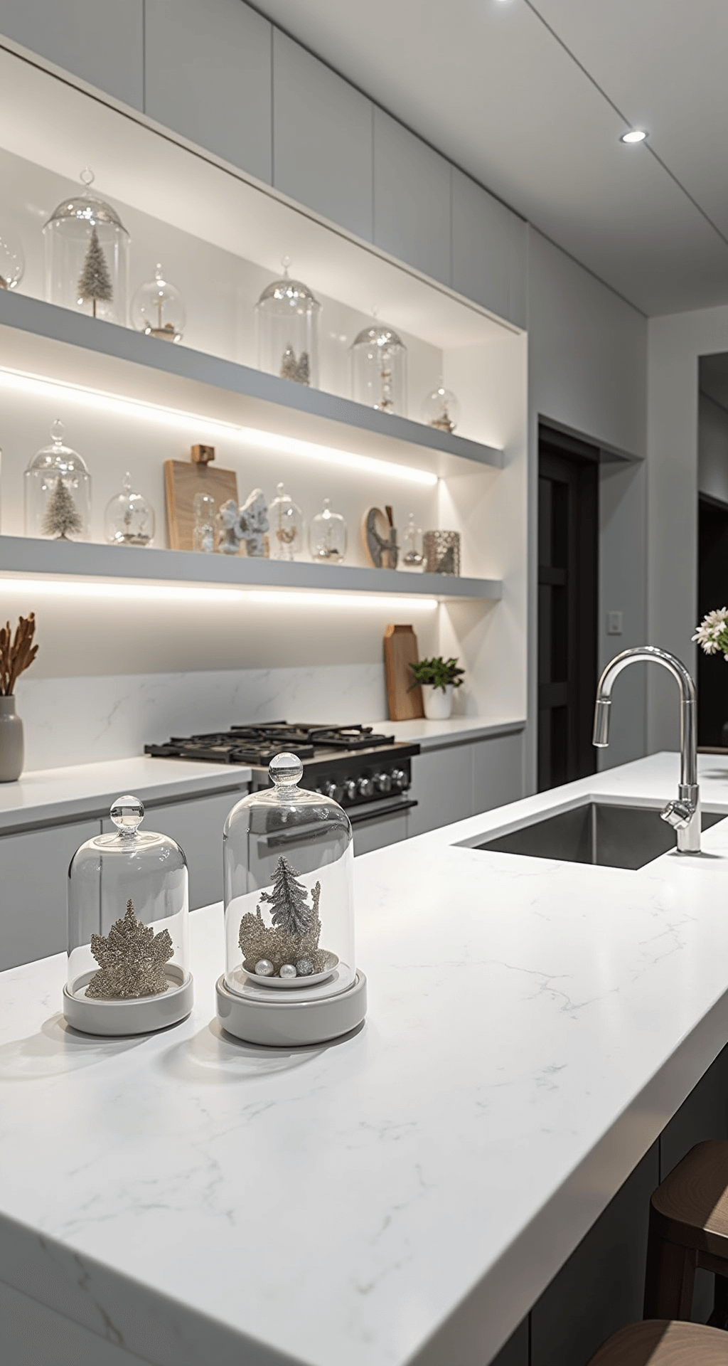 A modern open-concept kitchen featuring a minimalist white marble island set up as a DIY ornament-making station, with glass cloches filled with crafting supplies and finished creations displayed on floating shelves against an LED-lit backdrop, all in a chrome and white color scheme with silver glitter accents.