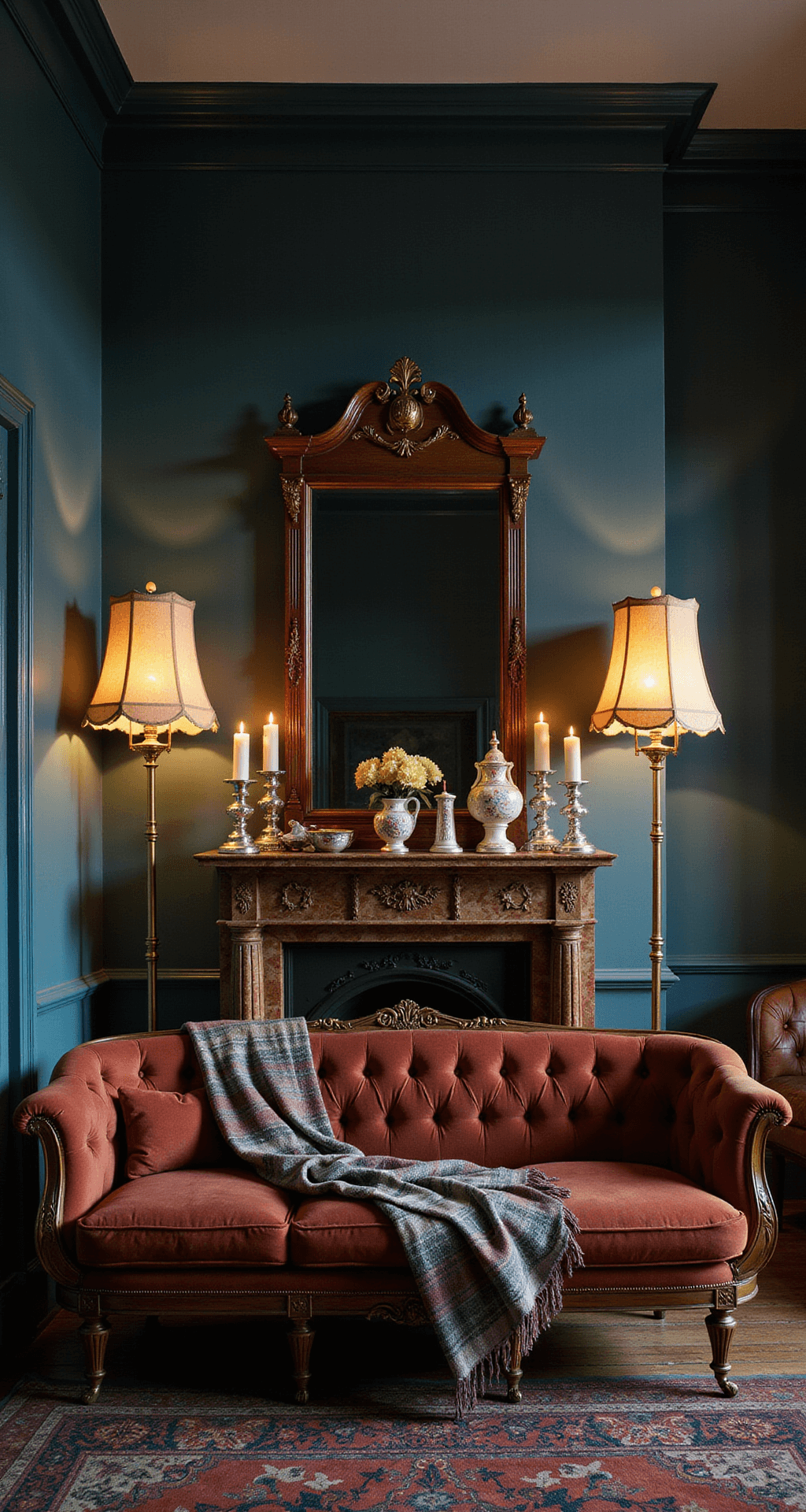 A Victorian parlor at dusk, featuring a velvet settee with wool plaid blankets, brass floor lamps, a marble mantel adorned with German glass ornaments and Dresden decorations, and deep jewel-toned walls highlighted by moody candlelit vignettes.