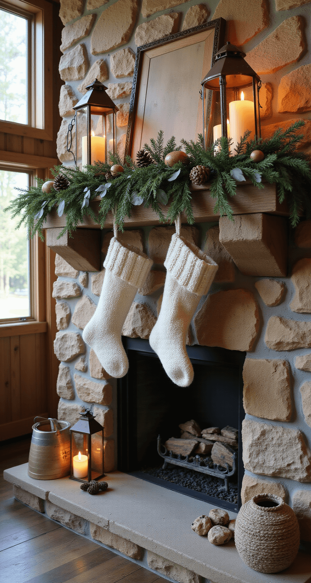A rustic woodland display featuring a timber mantle over a river rock fireplace in a mountain cabin, adorned with a natural garland of eucalyptus, pine, and cedar, scattered pinecones, and wooden bead garlands, vintage copper lanterns with flameless candles, and hand-knit cream stockings, all illuminated by golden hour light filtering through pine trees.