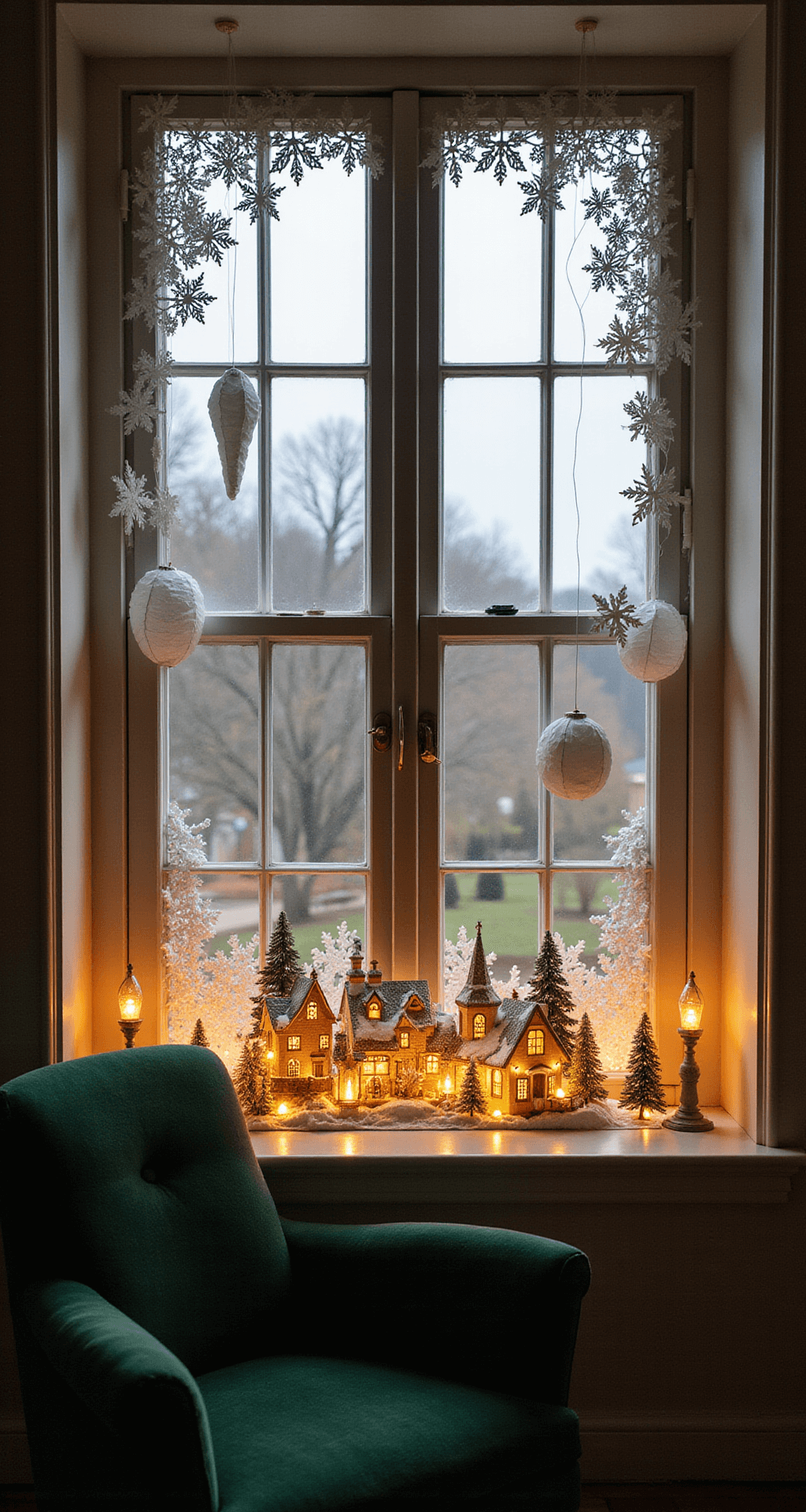 A whimsical Victorian-style double window featuring a reading nook bathed in warm afternoon light, adorned with a handcrafted paper snowflake village scene on a 6-foot windowsill. The village consists of intricately designed paper buildings of varying heights between 4-12 inches, backlit by warm LED strips. White paper lanterns hang above at different heights, and a luxurious forest green velvet reading chair is positioned to the left. The shot is taken from a low angle, highlighting the dimensionality of the paper art, evoking a magical storybook Christmas atmosphere.