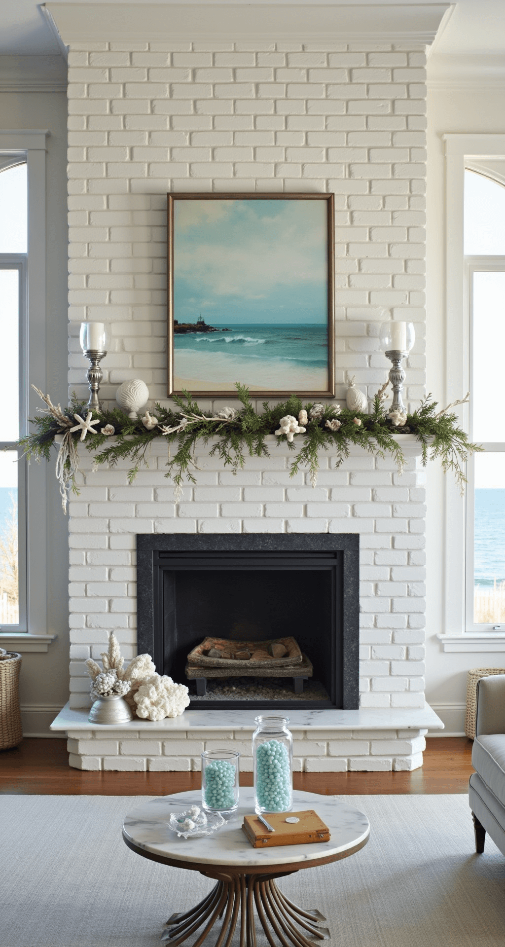 A coastal holiday setting featuring a whitewashed brick fireplace, adorned with mercury glass garland, bleached starfish, and pearlescent shells, with pale blue vintage glass balls in crystal hurricanes, all illuminated by warm late afternoon light and showcasing an ocean view through large windows.