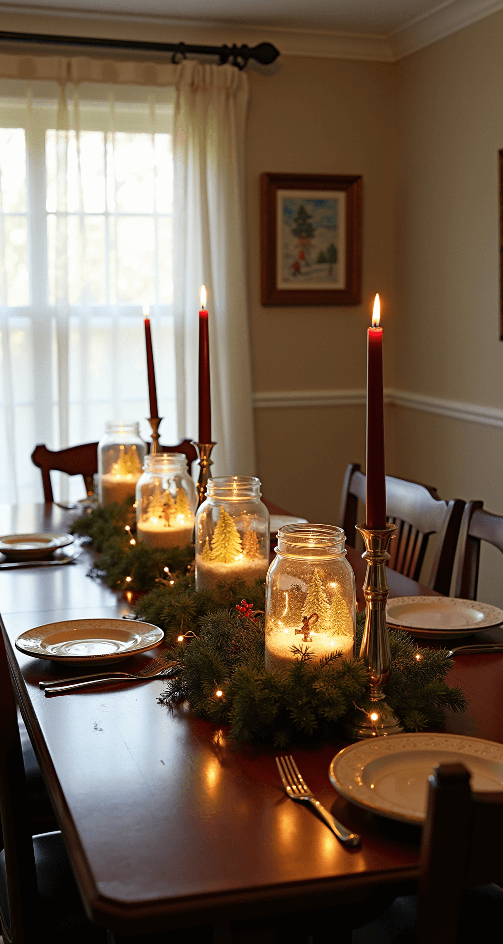 Cozy formal dining room with wainscoting, featuring a cherry wood table adorned with DIY mason jar snow globes and a fresh pine garland. Vintage silver candlesticks with deep red tapers create a warm ambiance as golden hour light filters through sheer curtains, captured from an overhead angle.