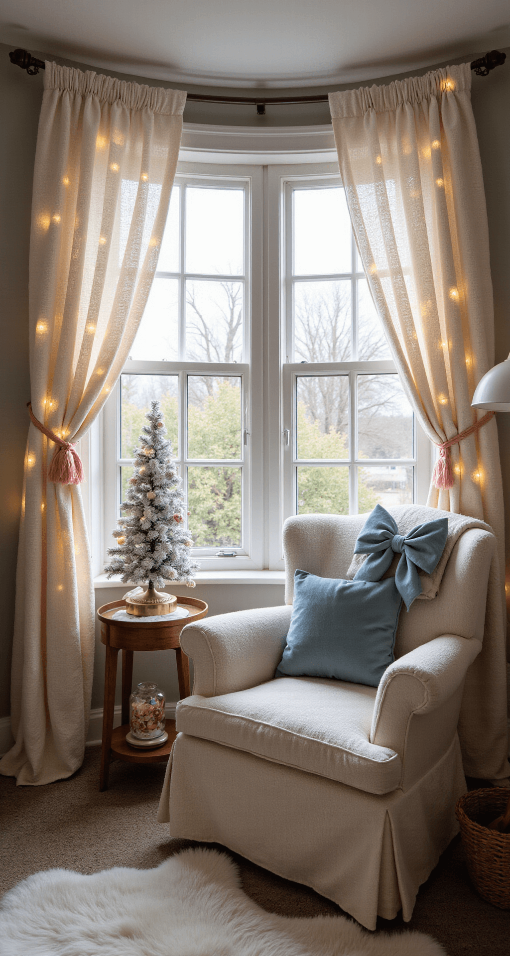 Cozy bedroom corner at sunrise with a bay window draped in fairy lights, a cream boucle chair with a faux fur throw and velvet bow accent, a miniature flocked tree adorned with vintage ornaments, and a glowing mother of pearl lamp, all bathed in warm morning light.