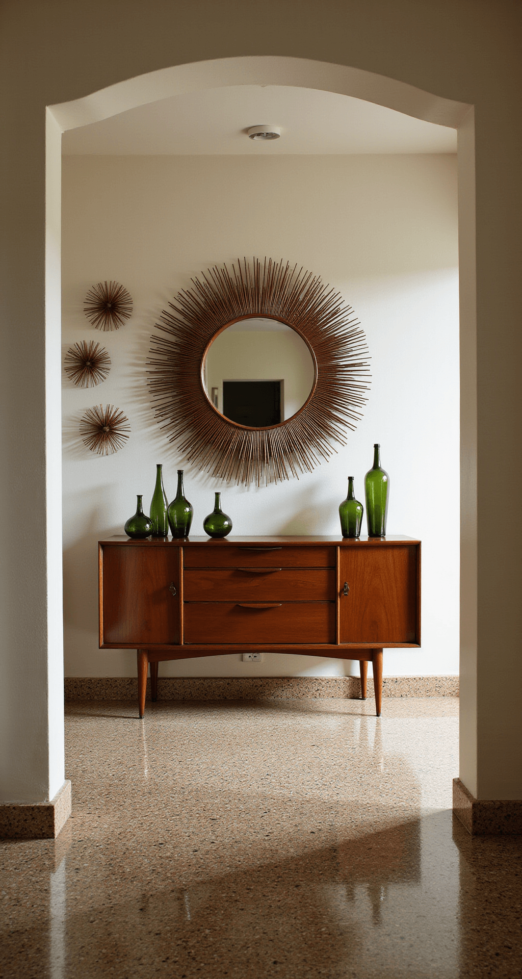 Midcentury modern entryway featuring a starburst mirror above a walnut console table, adorned with vintage bottle brush trees and 1960s wall decorations, set on terrazzo flooring with warm copper accents, captured from a high-angle with strong side lighting creating geometric shadows.