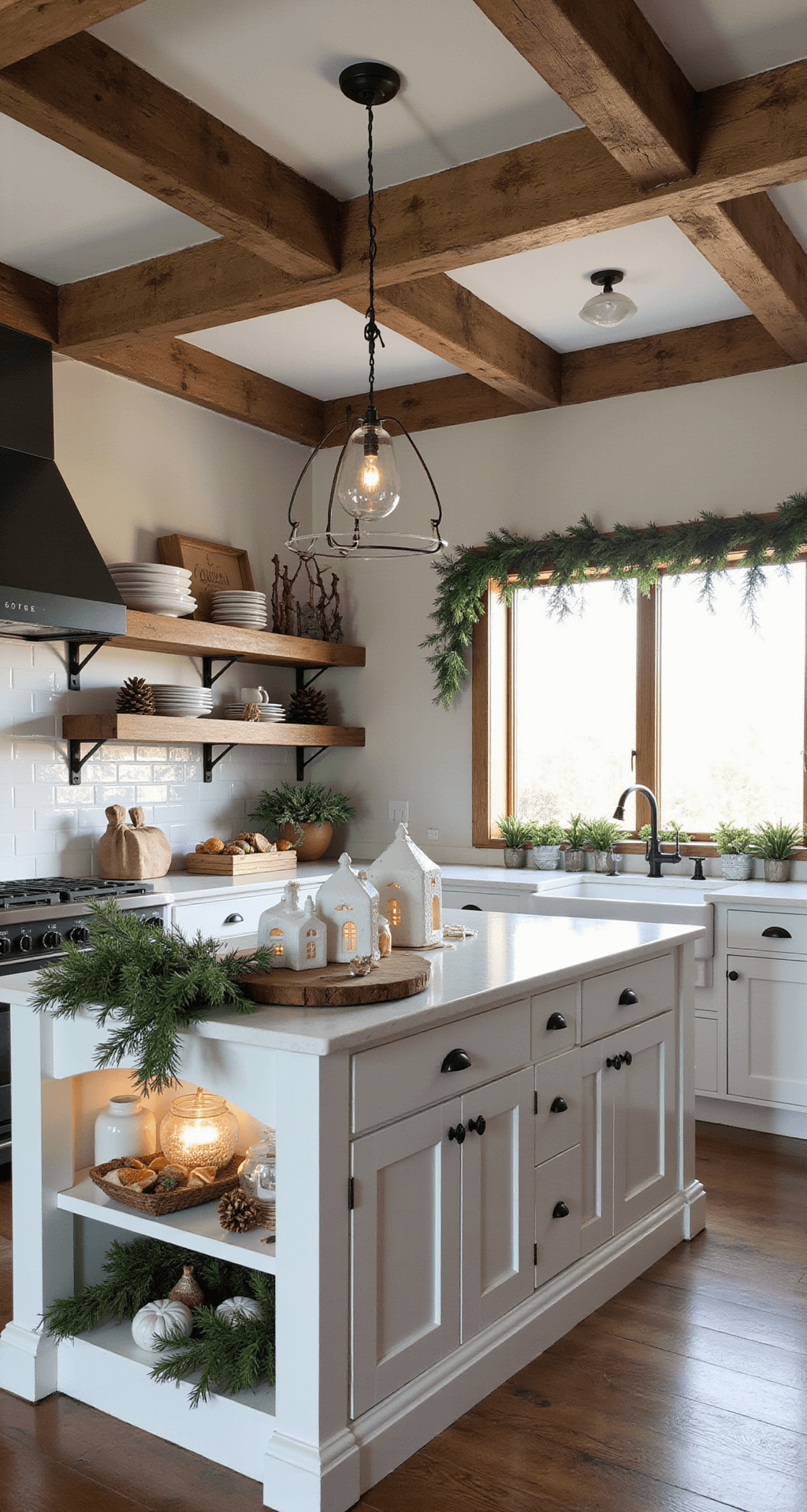 A cozy farmhouse kitchen bathed in morning light, featuring exposed wooden beams adorned with pine garlands and twinkle lights. Open shelves showcase vintage ironstone filled with winter greenery. A central island is decorated with white ceramic houses glowing softly, complemented by natural elements like pinecone garlands, dried orange slices, and cinnamon sticks. The color palette includes warm whites, natural woods, and deep forest greens.