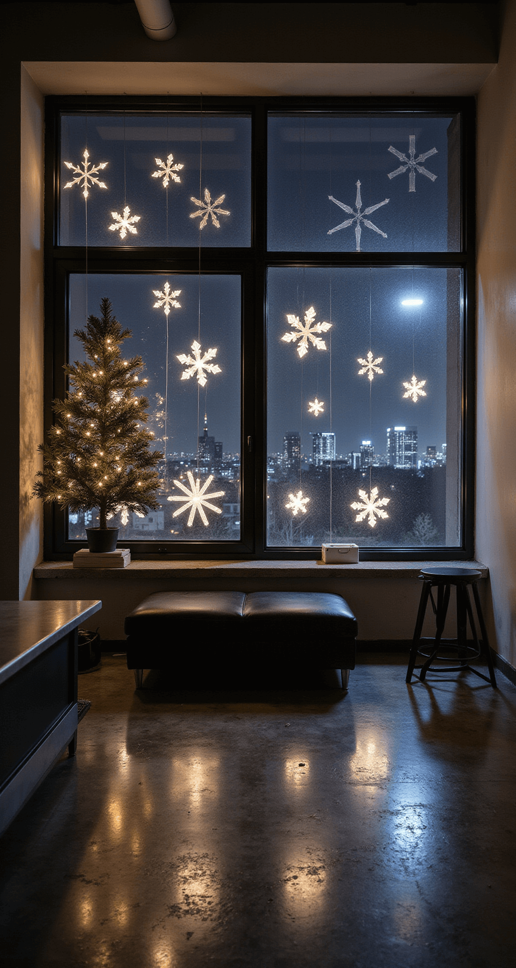 A contemporary loft at night features a tall window wall adorned with a geometric LED light constellation of warm white stars and cool white snowflakes. Minimalist black metal furniture complements the polished concrete floors, which reflect captivating light patterns. The scene, captured with an ultra-wide angle lens, evokes a modern urban Christmas atmosphere.